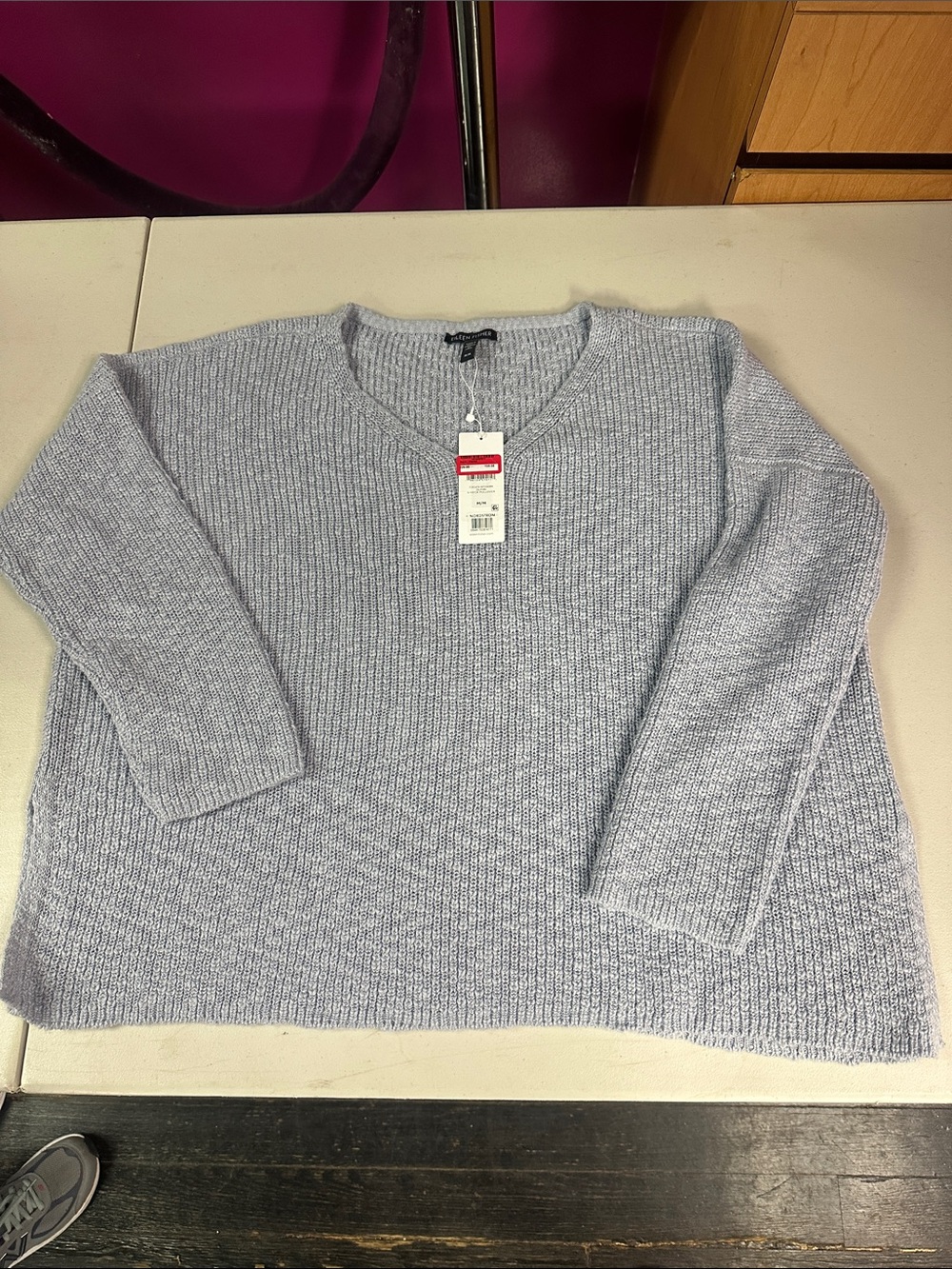 Eileen Fisher Light Gray V-Neck Ribbed Sweater